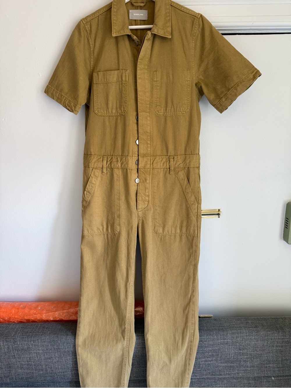 Everlane Short-Sleeve Utility Jumpsuit in Tan